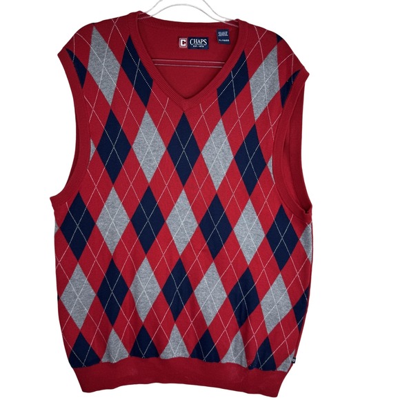 Chaps Sweater Vest Mens Extra Large Red Navy Gray Argyle V Neck Cotton Knit - Picture 1 of 8